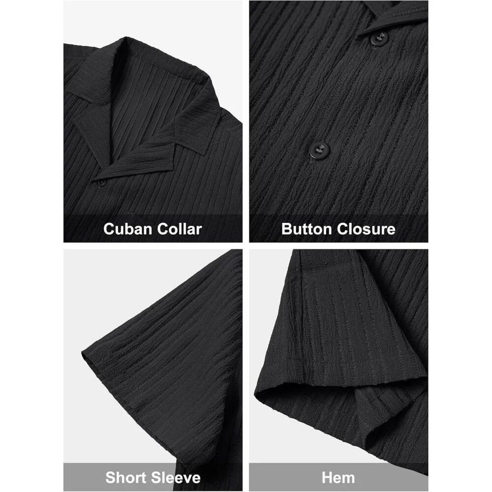 Men Black Casual Cuban Lightweight Short Sleeve Button Down Shirt Textured Beach - Picture 2 of 6